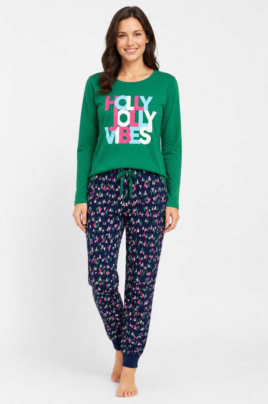 Sleep Chic Holly Jolly Vibes Long Sleeve Pajama Set Womens Size Large Christmas